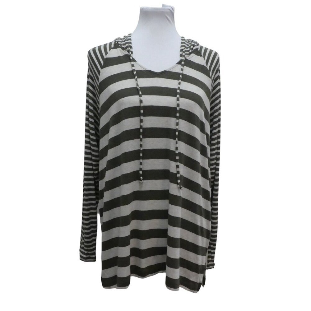 Cabi Relaxed Hoodie Top Women Medium Olive Green Striped Raglan Shirt